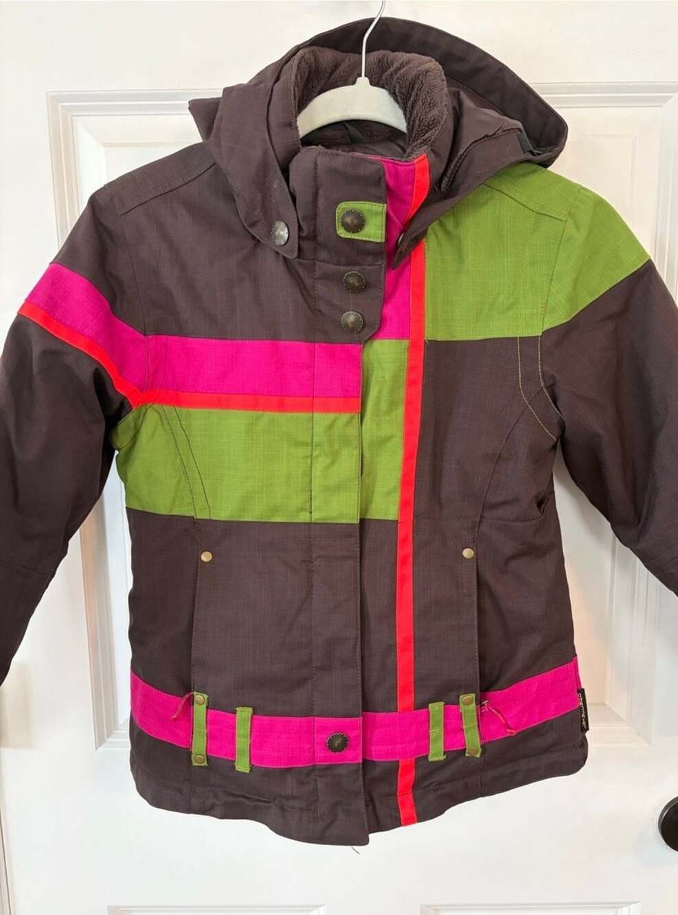 Obermeyer Ski Jacket Size 10 Juniors Brown Pink Green Hooded Winter Coat